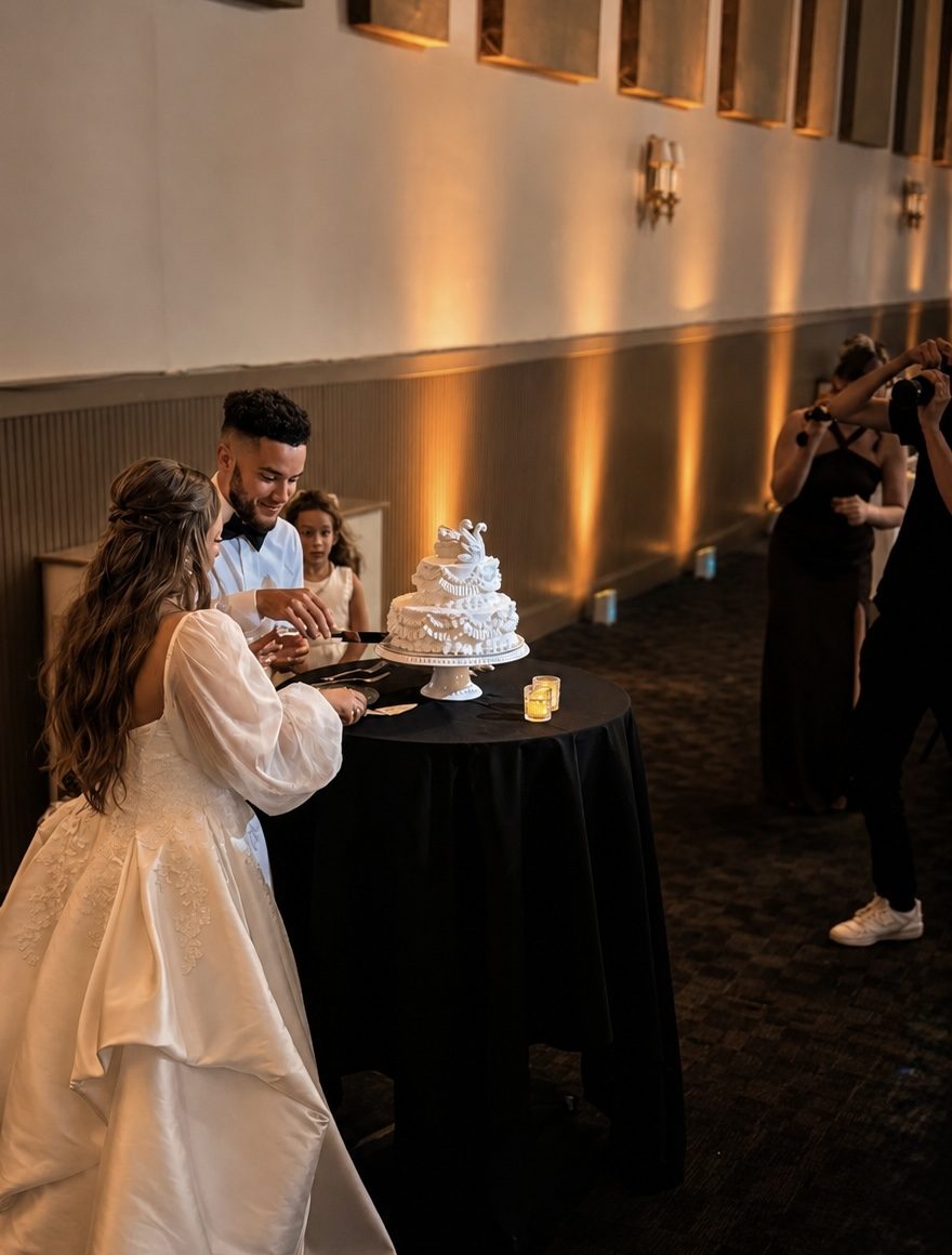 Couple cutting their wedding cake