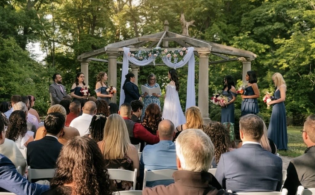 Outdoor wedding ceremony under a gazebo