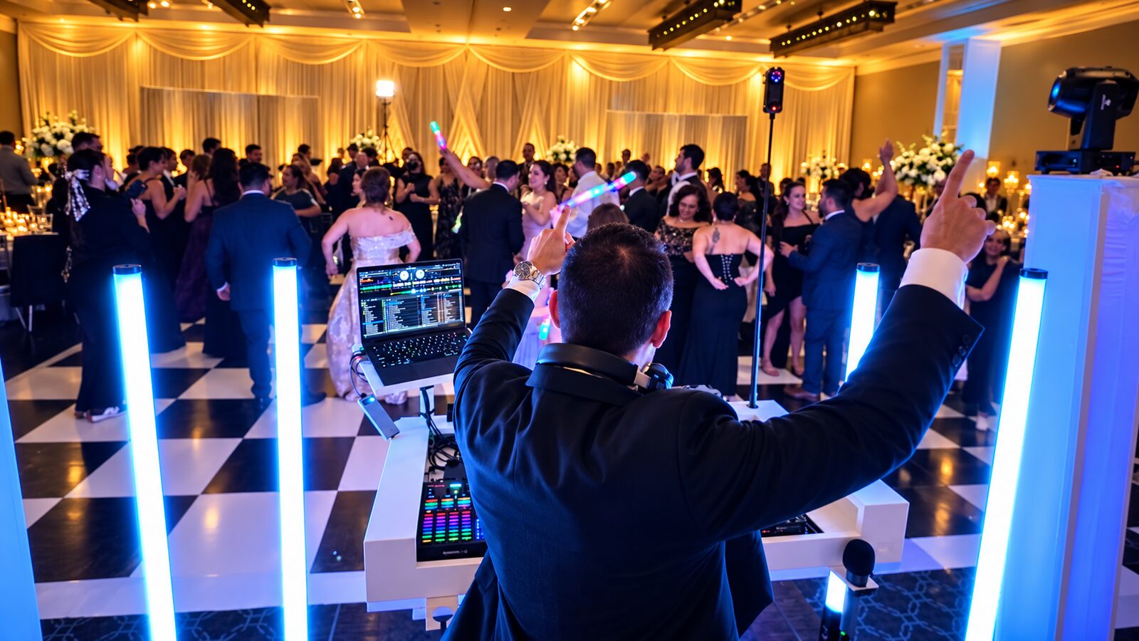 DJ Fidel at the decks facing a packed black-and-white checkered dance floor at Hotel Arista