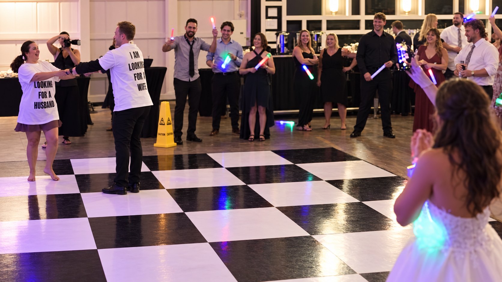 Guests in T-shirts dancing on the checkered floor as Emma watches