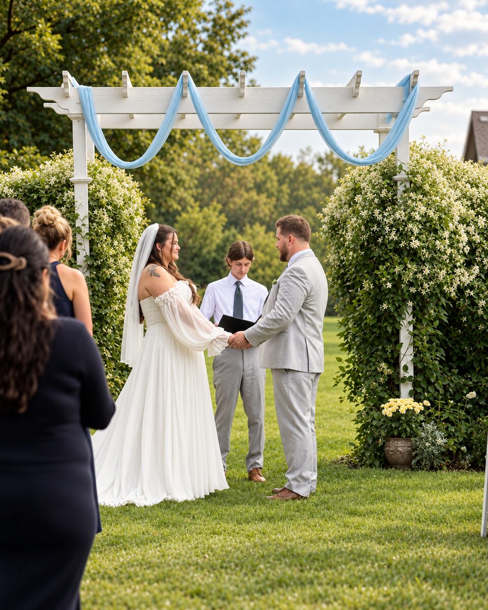 Drew and her husband exchanging vows under a garden arch